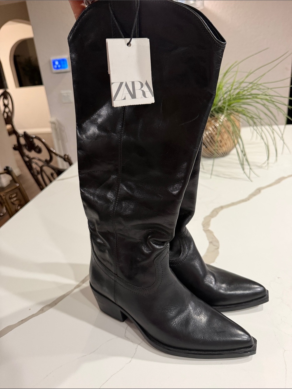 Zara Black Leather Over-the-Knee Western Boots